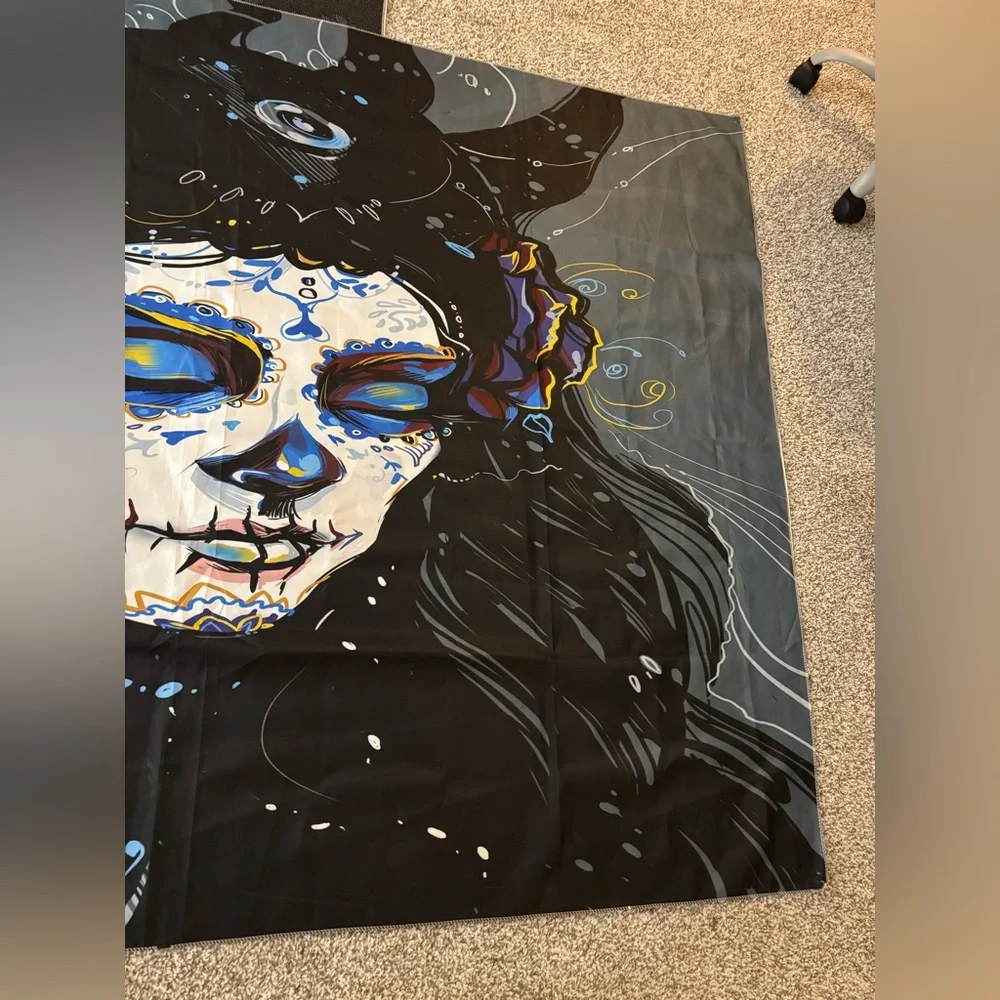 Midnight Sugar Skull of Womans Face Wall Tapestry 59”W 79”L